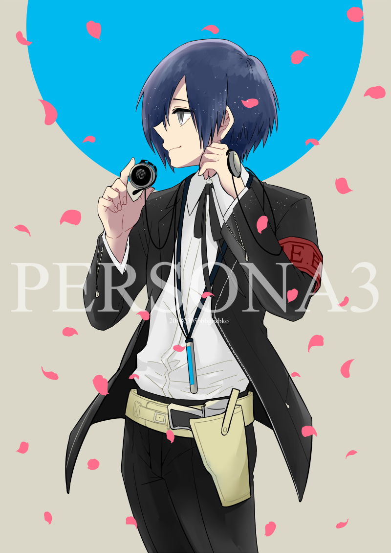 1boy armband b-ko_(1214920) black_pants black_ribbon blue_hair copyright_name dated falling_petals gekkoukan_high_school_uniform grey_eyes gun headphones holstered light_particles male_focus pants persona persona_3 petals red_armband ribbon s.e.e.s school_uniform shirt smile solo twitter_username weapon white_shirt yuuki_makoto