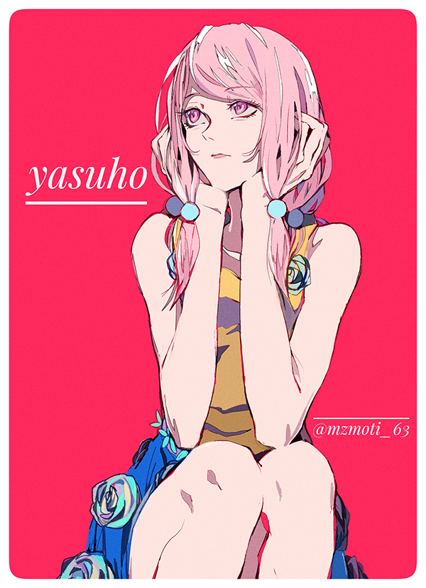 1girl character_name closed_mouth commentary_request flower flower_skirt hair_bobbles hair_ornament hands_on_own_face hirose_yasuho jojo_no_kimyou_na_bouken jojolion long_hair looking_to_the_side mizudama pink_background pink_eyes pink_hair pink_lips shirt simple_background sitting skirt solo