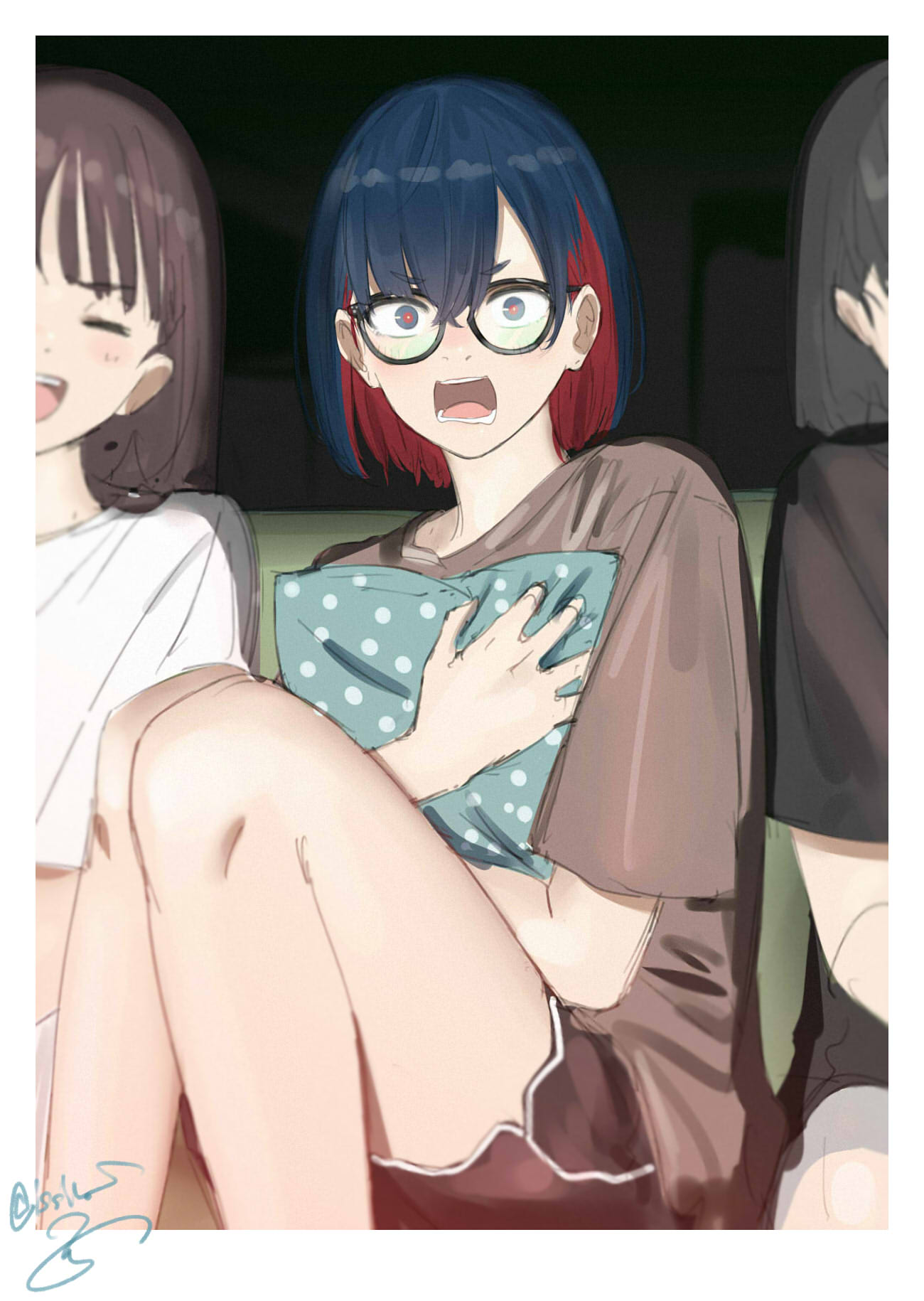 3girls bespectacled black_hair black_shirt blue_hair blurry border brown_hair brown_shirt colored_inner_hair commentary couch depth_of_field feet_out_of_frame glasses hair_behind_ear highres indoors isshiki_(ffmania7) kamitsubaki_studio knees_up laughing light_blush looking_at_viewer medium_hair multicolored_hair multiple_girls object_hug on_couch open_mouth people pillow pillow_hug red_shorts redhead rim_(kamitsubaki_studio) scared shirt short_eyebrows short_hair short_shorts short_sleeves shorts signature sitting solo_focus symbol-only_commentary t-shirt twitter_username v-shaped_eyebrows virtual_youtuber watching_television wavy_mouth white_border white_shirt wide-eyed