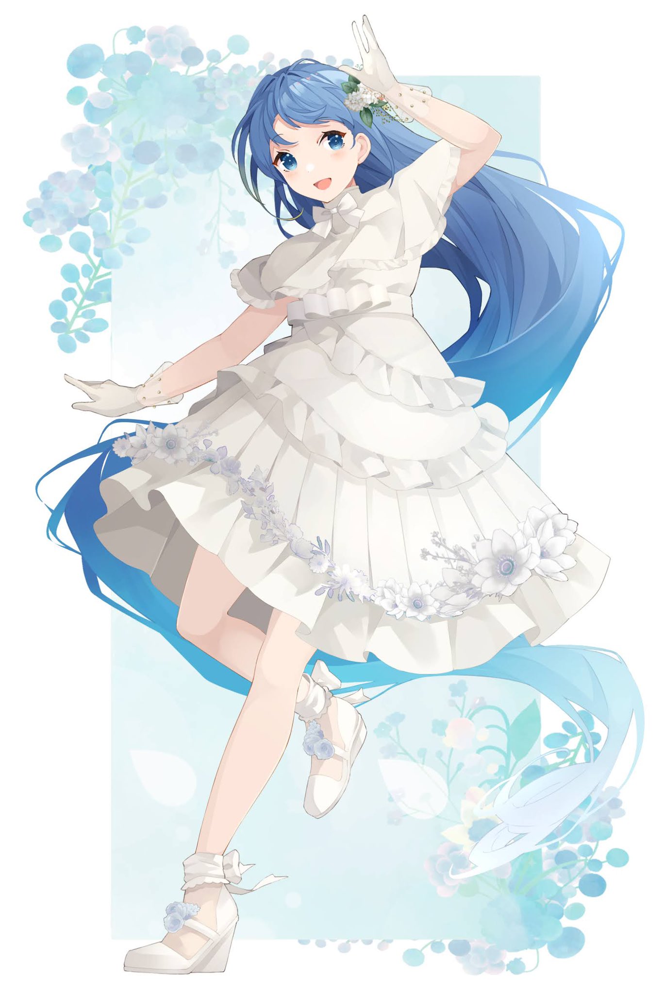 1girl blue_eyes blue_hair dress dress_flower flower frilled_dress frills gloves highres kantai_collection long_hair samidare_(kancolle) shakemi_(sake_mgmgmg) smile very_long_hair white_dress white_flower white_footwear white_gloves