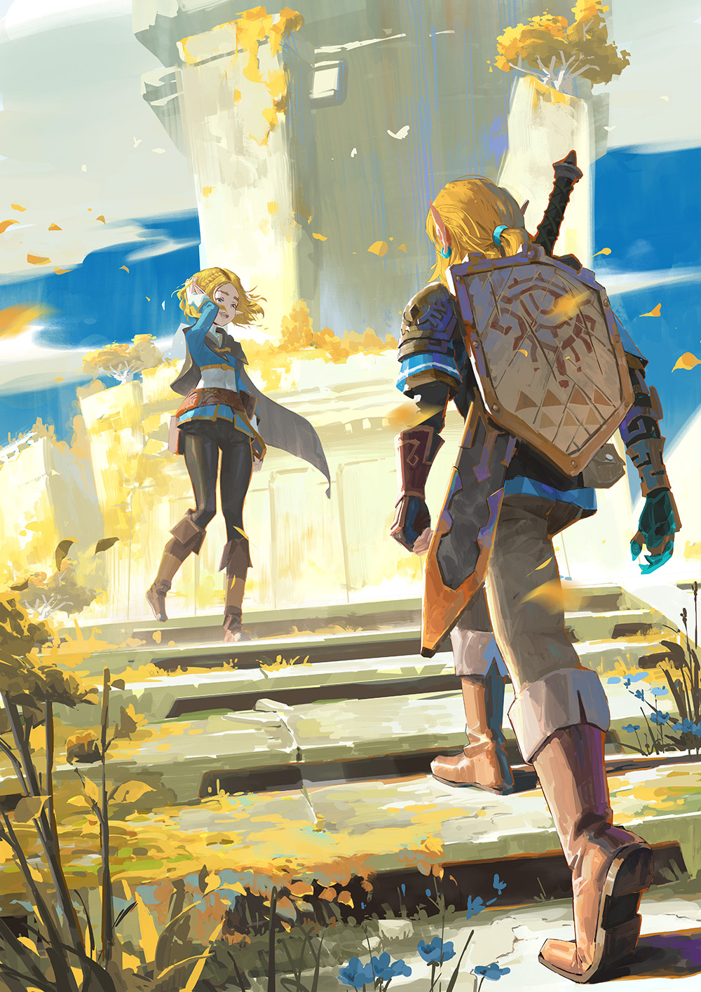1boy 1girl arm_armor back bag black_pants blonde_hair blue_eyes blue_flower blue_gloves blue_sky blue_tunic boots braid brown_bag brown_cape brown_footwear cape castle claws clouds cloudy_sky commentary day earrings english_commentary fingerless_gloves flower gloves grass grey_pants hair_ornament hand_up highres jef_wu jewelry leaf link long_sleeves looking_at_another open_mouth outdoors pants pointy_ears ponytail princess_zelda shadow shield shirt short_hair short_ponytail short_sleeves sky smile stairs standing sword teeth the_legend_of_zelda the_legend_of_zelda:_tears_of_the_kingdom tongue tunic walking weapon white_shirt yellow_flower