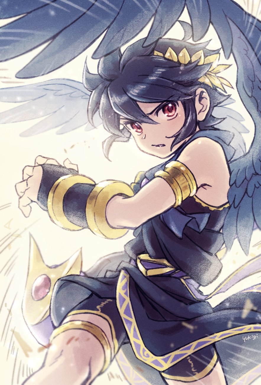 1boy angel angel_wings armband armlet black_hair black_wings commentary_request dark_pit feathered_wings highres kid_icarus kid_icarus_uprising laurel_crown looking_at_viewer male_focus parted_lips red_eyes signature solo wings yukigi