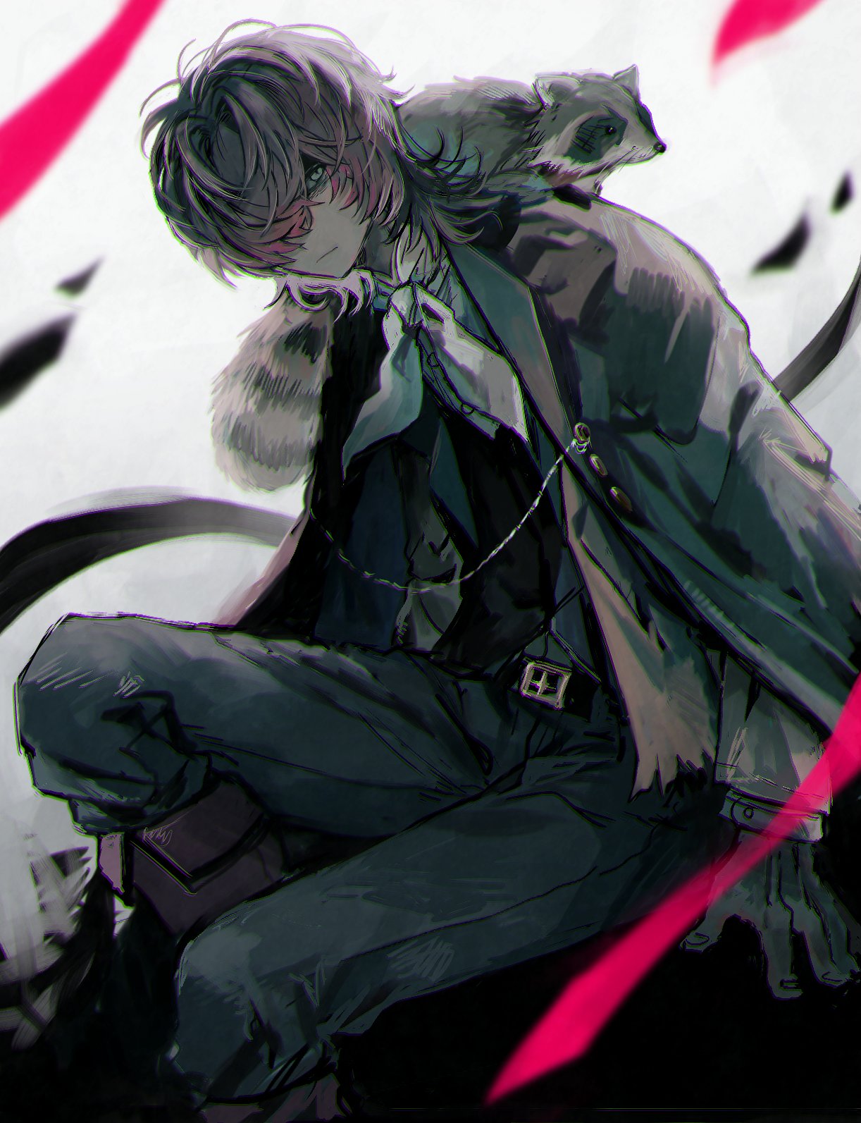 1boy animal_on_shoulder black_gloves black_pants black_vest brown_cape brown_shirt bungou_stray_dogs cape closed_mouth edgar_allan_poe_(bungou_stray_dogs) fuji_den_fujiko gloves green_eyes highres long_sleeves looking_at_viewer male_focus neckerchief pants raccoon shirt sitting solo vest white_background white_neckerchief