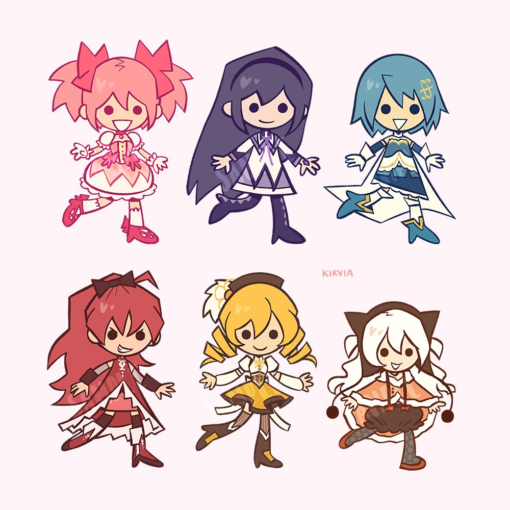 6+girls akemi_homura black_bow blonde_hair blue_footwear blue_hair boots bow cape closed_mouth commentary dress drill_hair english_commentary full_body fur-trimmed_cape fur_trim hair_bow hairband high_ponytail kaname_madoka kirvias_(kirvia) long_hair mahou_shoujo_madoka_magica miki_sayaka momoe_nagisa multiple_girls orange_cape pink_background pink_bow pink_dress pink_hair purple_hair purple_hairband red_footwear redhead sakura_kyouko shirt short_hair simple_background skirt smile solid_circle_eyes tomoe_mami toon_(style) twin_drills twintails two_side_up very_long_hair white_cape white_hair white_shirt yellow_skirt