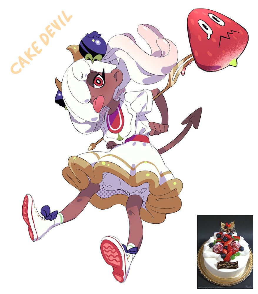 1girl arms_up bloomers blueberry blueberry_hair_ornament bow brown_horns cake christmas christmas_cake colored_text crying crying_with_eyes_open dark-skinned_female dark_skin demon demon_girl demon_horns demon_tail donuttypd dress eyeshadow food food-themed_hair_ornament footwear_bow frown fruit hair_ornament hair_over_one_eye horns long_hair looking_at_viewer makeup medium_dress merry_christmas multicolored_hair original personification pink_hair ponytail purple_bow real_life red_eyes shoes socks strawberry tail tears tongue tongue_out underwear white_background white_bloomers white_dress white_footwear white_hair white_socks