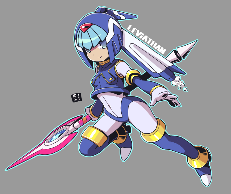 1girl android armor blue_eyes blue_footwear boots character_name closed_mouth full_body green_outline grey_background helmet holding holding_polearm holding_weapon leviathan_(mega_man) looking_at_viewer mawaru_(mawaru) mega_man_(series) mega_man_zero_(series) outline polearm robot simple_background smile solo thigh_boots weapon