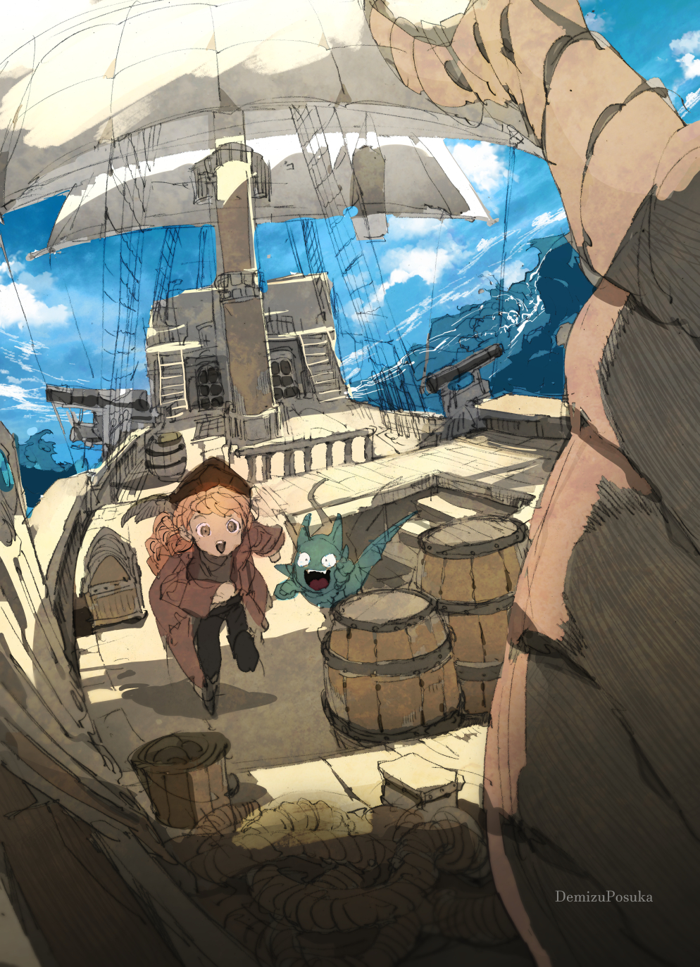 1girl artist_name barrel cannon clouds commentary curly_hair demizu_posuka fisheye happy hat hat_feather highres long_hair monster ocean open_mouth orange_hair original outdoors rope runing sailing_ship ship sketch sky smile water watercraft