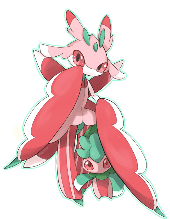 claws commentary english_commentary evolutionary_line fomantis looking_at_viewer lurantis no_humans outline pink_eyes plumsmoke pokemon pokemon_(creature) signature standing white_background