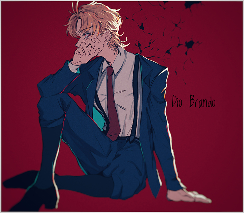 1boy aged_down blonde_hair blue_jacket character_name commentary_request dio_brando jacket jojo_no_kimyou_na_bouken long_sleeves looking_to_the_side male_focus mizudama necktie phantom_blood red_eyes red_necktie shirt shoes short_hair sitting solo suspenders