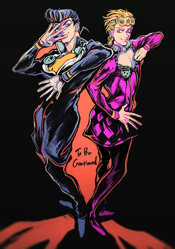 2boys black_hair blonde_hair braid bug closed_mouth commentary_request diamond_wa_kudakenai full_body gakuran giorno_giovanna giorno_giovanna's_pose_(jojo) higashikata_josuke higashikata_josuke's_pose_(jojo) jacket jojo_no_kimyou_na_bouken jojo_pose ladybug long_hair long_sleeves looking_at_another male_focus mizudama multiple_boys pants pink_jacket pompadour school_uniform smile to_be_continued vento_aureo