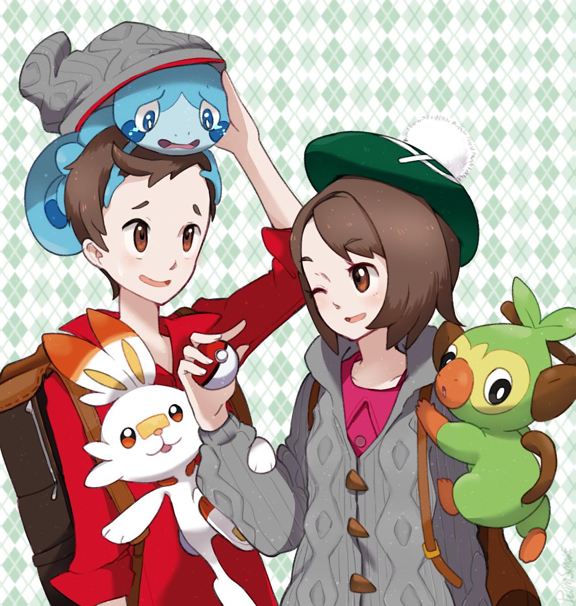 1boy 1girl argyle argyle_background arm_up backpack bag beanie bob_cut brown_bag brown_eyes brown_hair buttons cable_knit cardigan collared_dress commentary dress gloria_(pokemon) green_headwear grey_cardigan grey_headwear grookey hand_up hat highres holding holding_poke_ball hooded_cardigan on_head open_mouth pink_dress plumsmoke poke_ball poke_ball_(basic) pokemon pokemon_(creature) pokemon_(game) pokemon_on_head pokemon_swsh red_shirt scorbunny shirt short_hair sleeves_rolled_up smile sobble starter_pokemon_trio swept_bangs tam_o'_shanter victor_(pokemon)