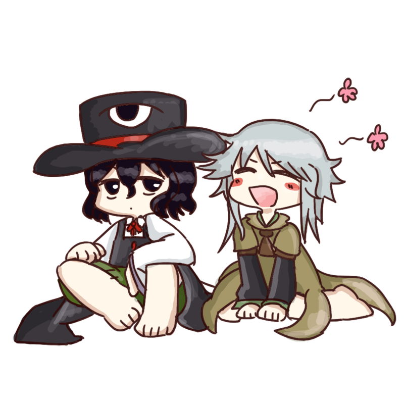 2others ascot barefoot black_eyes black_hair black_sleeves blush_stickers brown_ascot brown_coat check_commentary chikafumikou coat commentary commentary_request enraku_tsubakura grey_hair hakama hakama_skirt hands_on_own_knees happy hat houlen_yabusame japanese_clothes large_hat layered_sleeves len'en long_sleeves looking_at_another multiple_others open_mouth red_ribbon ribbon short_hair short_hair_with_long_locks short_over_long_sleeves short_sleeves sitting sketch skirt sleeveless_coat smile tabi top_hat wariza white_sleeves wide_sleeves