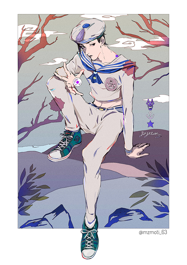 1boy anchor_symbol birthmark black_hair bubble closed_mouth commentary_request full_body hat joestar_birthmark jojo_no_kimyou_na_bouken jojolion kira_yoshikage_(jojolion) long_sleeves male_focus mizudama sailor sailor_hat shoes short_hair sneakers solo star_(symbol)