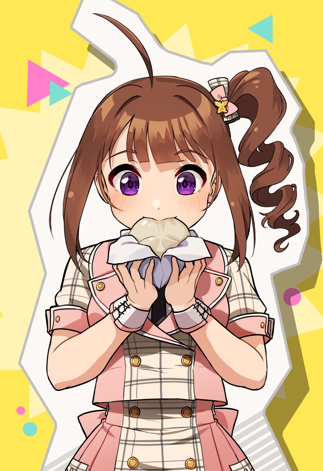 1girl ahoge baozi black_necktie blush brown_hair buttons dot_nose double-breasted drill_hair eating food hair_ribbon highres idolmaster idolmaster_million_live! idolmaster_million_live!_theater_days kamille_(vcx68) medium_hair necktie outline pink_shirt pink_skirt plaid plaid_shirt plaid_skirt ribbon shapes shirt side_drill simple_background skirt smile solo thick_outlines violet_eyes white_outline wrist_cuffs yellow_background yokoyama_nao