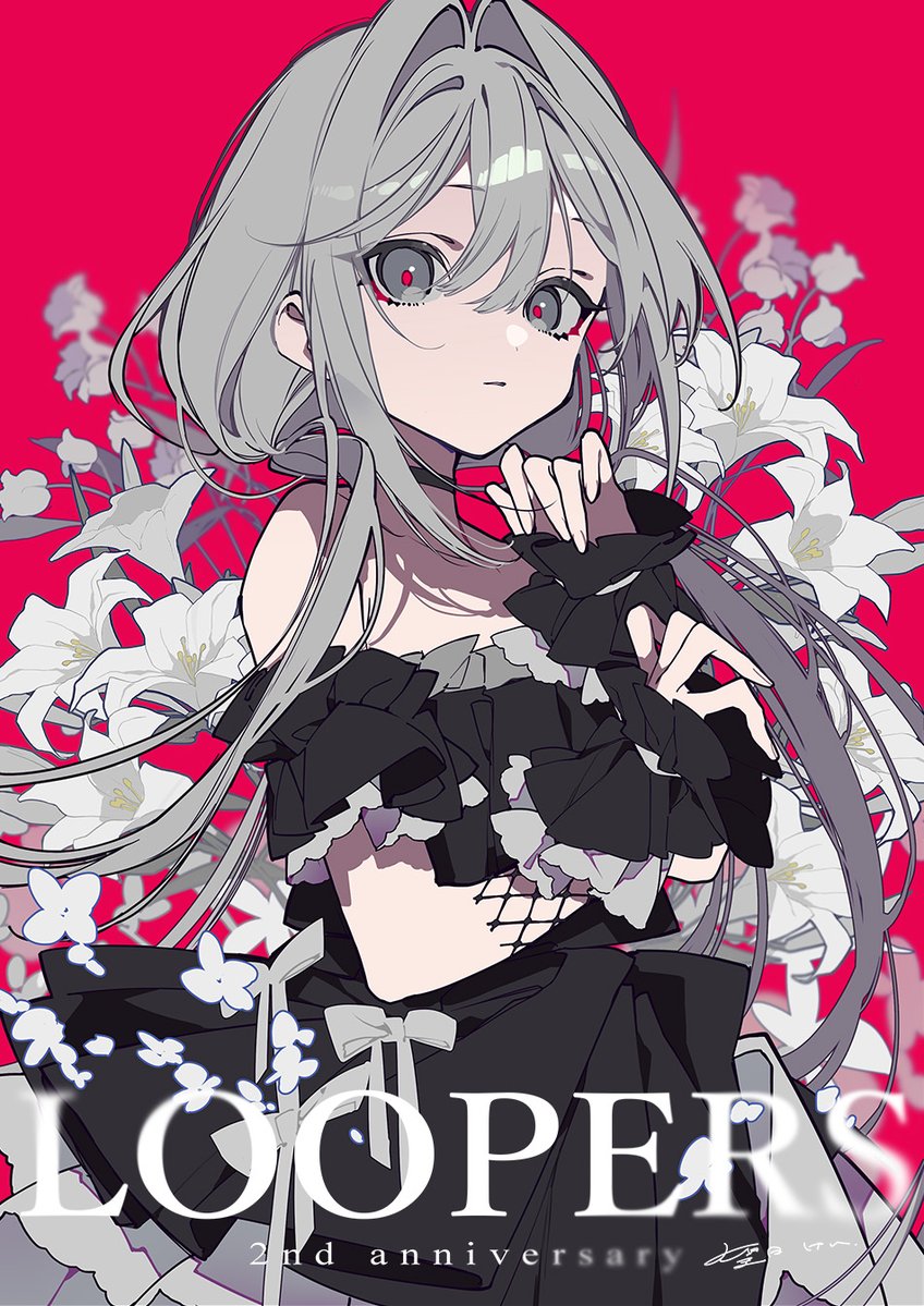 1girl black_dress dress flower fujikawa_mia gothic grey_eyes grey_hair hair_between_eyes lily_(flower) long_hair loopers mochizuki_kei