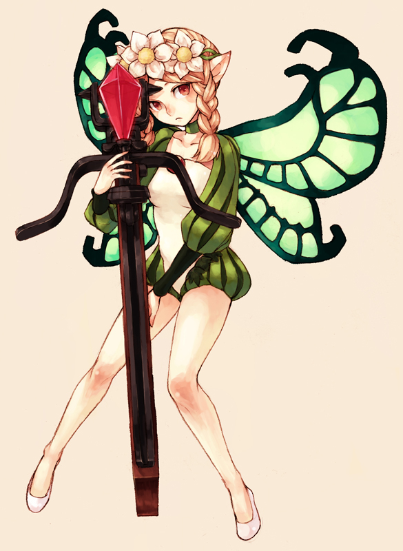 1girl bare_legs blonde_hair blush braid butterfly_wings crossbow fairy flower full_body hair_flower hair_ornament haruhito_(divineshalt) head_wreath looking_at_viewer medium_hair mercedes_(odin_sphere) odin_sphere pointy_ears puff_and_slash_sleeves puffy_sleeves red_eyes solo twin_braids white_footwear wings