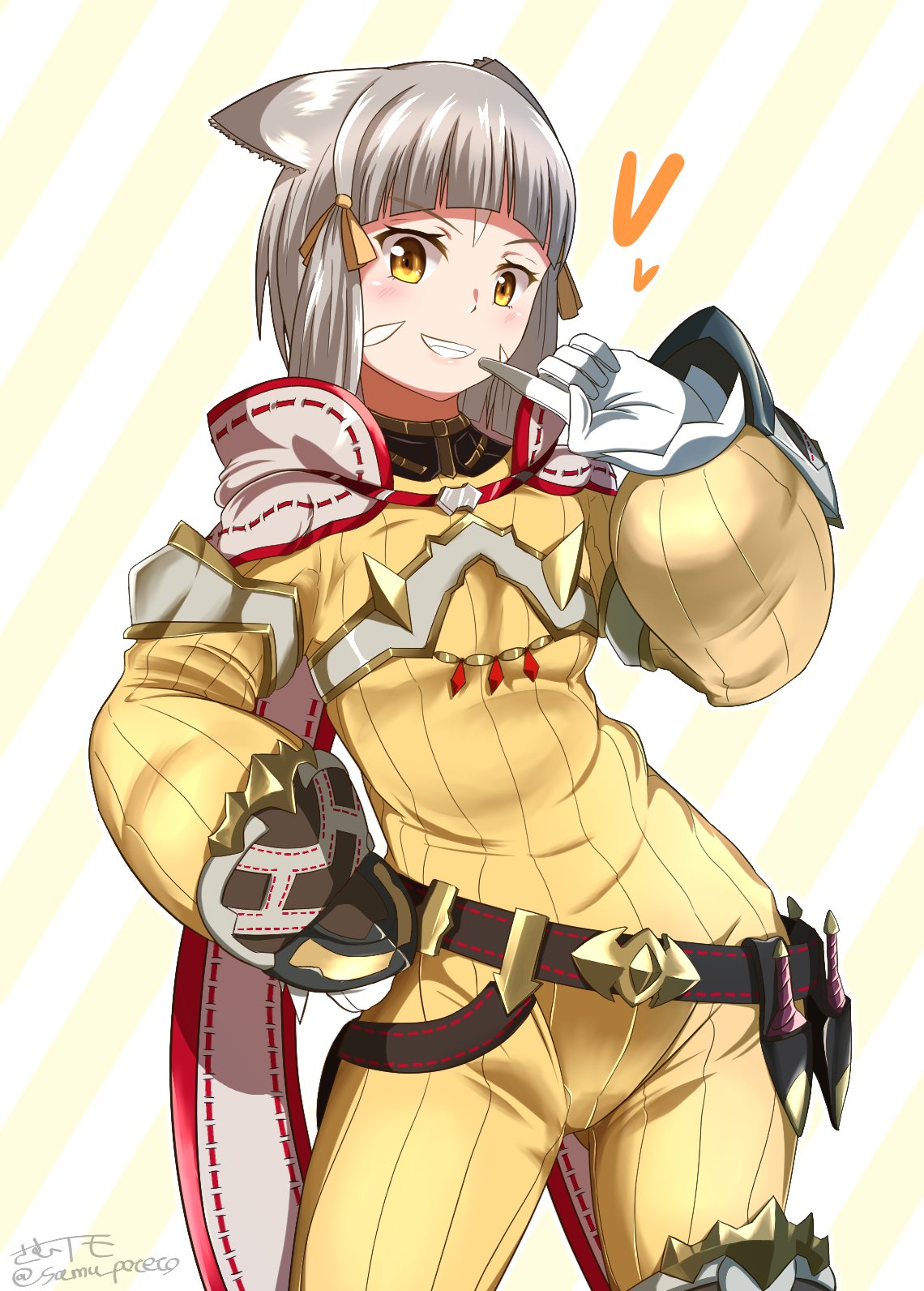 1girl :d animal_ears belt bodysuit brown_hair cape cat_ears cat_girl dagger gloves grin highres knife long_sleeves looking_at_viewer nia_(xenoblade) samu_poteto sheath sheathed smile solo teeth two-tone_background weapon white_background white_cape white_gloves xenoblade_chronicles_(series) xenoblade_chronicles_2 yellow_background yellow_bodysuit yellow_eyes