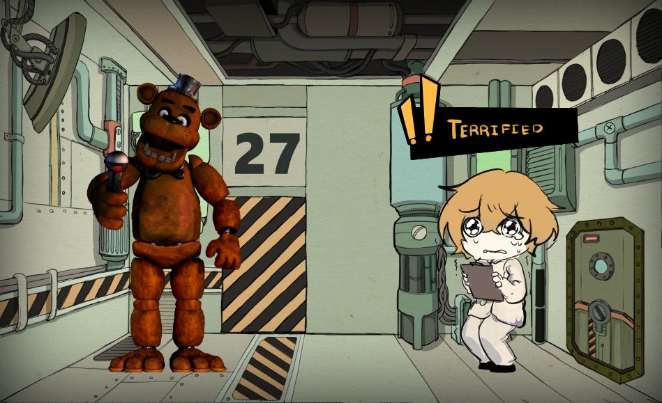 ! !! 1boy air_conditioner air_vent animal_ears bear_ears caution_tape chibi clipboard colored_skin crying crying_with_eyes_open door english_commentary english_text five_nights_at_freddy's freddy_fazbear full_body furrowed_brow game_screenshot_background gameplay_mechanics hair_between_eyes hat head_tilt holding holding_clipboard holding_microphone indoors industrial_pipe limbus_company lobotomy_corporation male_focus microphone mini_hat official_art_inset open_mouth orange_hair porthole project_moon robot scared short_hair sinclair_(limbus_company) solo sweat sweating_profusely tears top_hat trembling wavy_mouth white_skin zygyzy_031