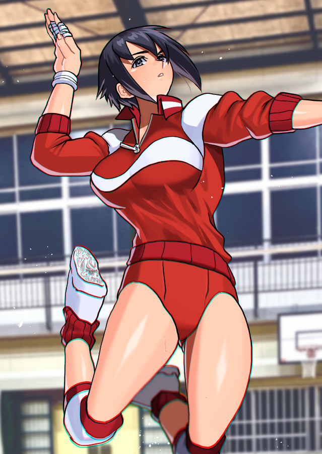 1girl akisu_k ayuhara_natsu black_hair jacket jumping knee_pads red_jacket red_shorts rival_schools shoes short_hair shorts sneakers solo volleyball wristband