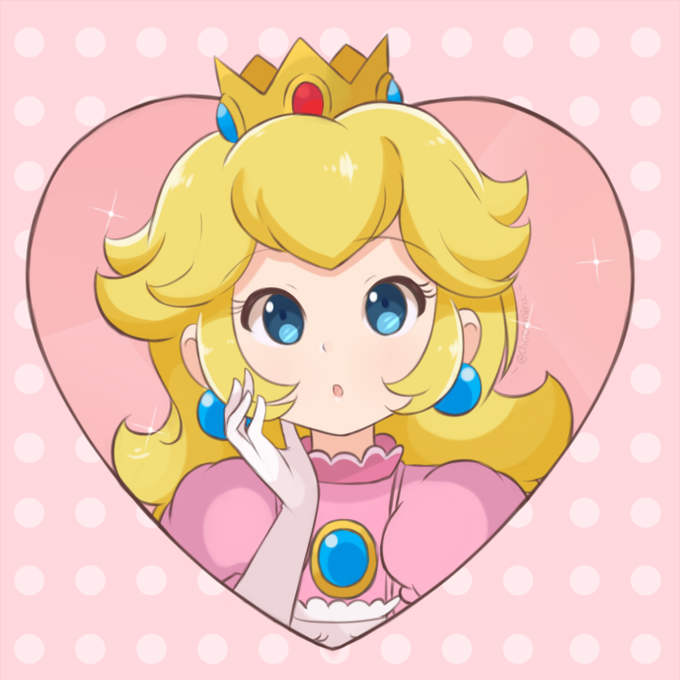 1girl artist_name blonde_hair border brooch chocomiru crown dress earrings gloves heart heart_background jewelry long_hair non-web_source pink_dress polka_dot polka_dot_background princess_peach source_request super_mario_bros. upper_body white_border white_gloves
