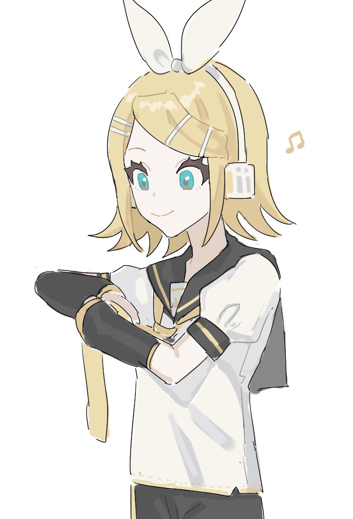 0211nami 1girl black_shorts black_sleeves blue_eyes closed_mouth collared_shirt cowboy_shot detached_sleeves hair_ornament hair_ribbon hairpin headphones kagamine_rin looking_at_hand multiple_hairpins musical_note ribbon shirt shorts smile solo vocaloid white_background white_shirt