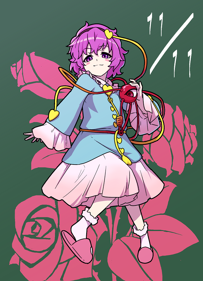 1girl blue_shirt closed_mouth commentary_request dated full_body green_background heart itani_illust komeiji_satori long_sleeves looking_at_viewer messy_hair pink_footwear pink_skirt purple_hair shirt short_hair simple_background skirt slippers socks solo third_eye touhou violet_eyes white_socks