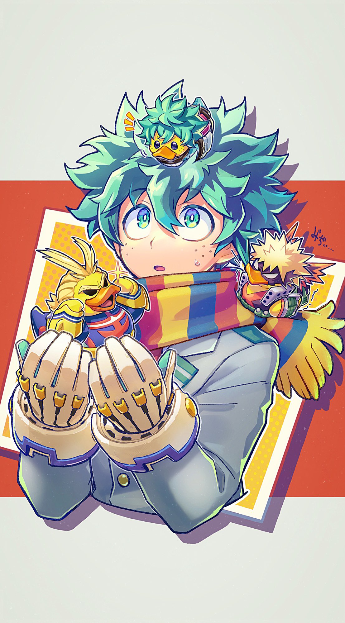 1boy :o all_might all_might_(cosplay) bakugou_katsuki bakugou_katsuki_(cosplay) bird blonde_hair boku_no_hero_academia buttons commentary cosplay cropped_torso duck duckling freckles gloves green_eyes green_gloves green_hair grey_jacket hair_between_eyes hands_up highres holding jacket lapels long_sleeves looking_at_another looking_up male_focus mecyo_(mamezurushiki) midoriya_izuku midoriya_izuku_(cosplay) multicolored_background multicolored_clothes multicolored_scarf notice_lines open_mouth red_background rubber_duck scarf short_hair simple_background spiky_hair striped striped_scarf sweatdrop symbol-only_commentary two-tone_gloves upper_body white_background white_gloves yellow_background
