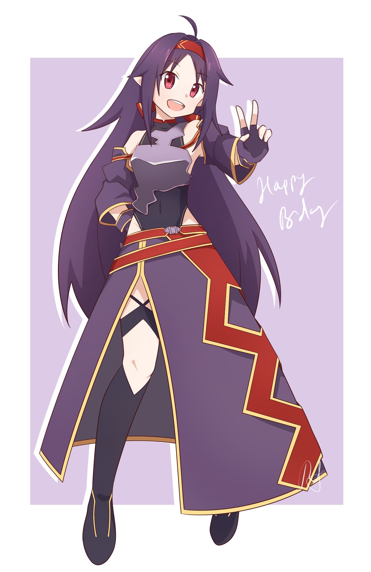 1girl :d ahoge armor bare_shoulders breastplate covered_navel fingerless_gloves full_body gloves hairband hand_on_own_hip happy_birthday highres leotard long_hair looking_at_viewer noma272 open_mouth pointy_ears purple_gloves purple_hair red_eyes red_hairband smile solo sword_art_online teeth upper_teeth_only v very_long_hair yuuki_(sao)