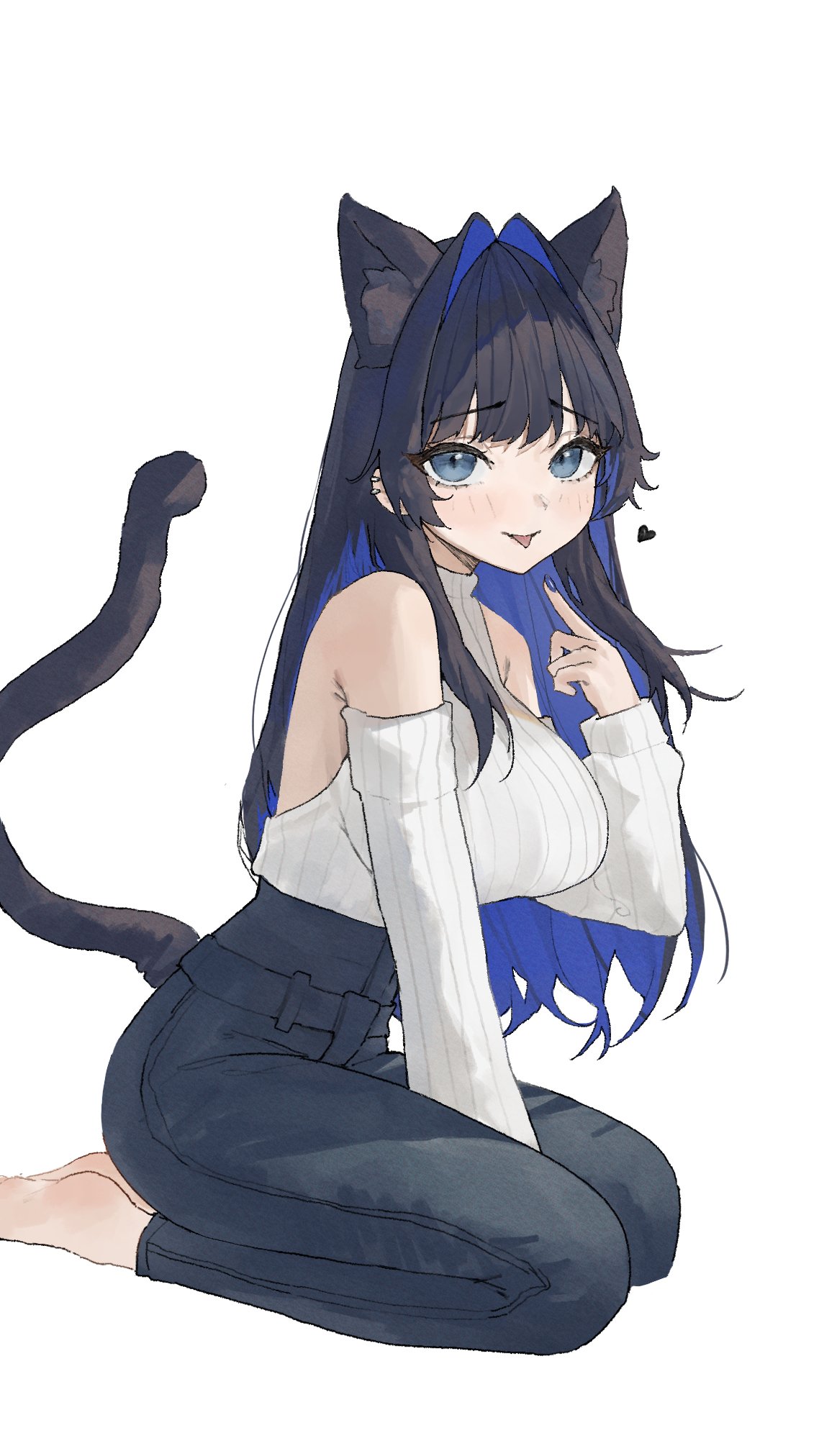 1girl animal_ears arch_05x bare_shoulders barefoot black_heart blue_eyes blue_hair blue_nails blue_pants blunt_bangs blush breasts cat_ears cat_tail colored_inner_hair denim detached_sleeves ear_piercing feet fingernails hair_intakes heart high-waist_pants highres hololive hololive_english jeans jewelry large_breasts long_hair long_sleeves looking_at_viewer multicolored_hair nail_polish official_alternate_costume ouro_kronii ouro_kronii_(3rd_costume) pants piercing seiza shirt simple_background sitting solo tail tongue very_long_hair virtual_youtuber white_background white_shirt