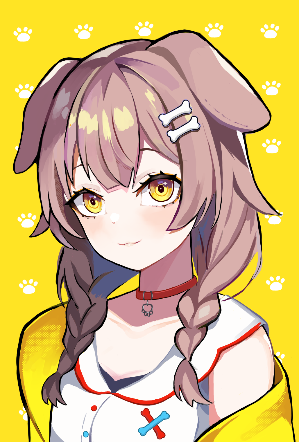 1girl animal_collar animal_ears bone_hair_ornament braid brown_hair closed_mouth collar collarbone dog_ears english_commentary hair_ornament highres hololive inugami_korone jacket long_hair looking_at_viewer low_twintails off_shoulder paw_print paw_print_background red_collar shirt smile solo tor_(torkrub111) twin_braids twintails upper_body virtual_youtuber white_shirt yellow_background yellow_eyes yellow_jacket