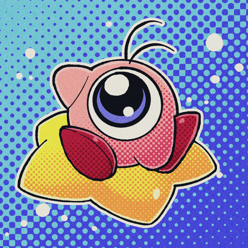 blue_eyes byackopath_(artist) commentary fusion kirby kirby_(series) one-eyed patterned_background sitting solo waddle_doo warp_star