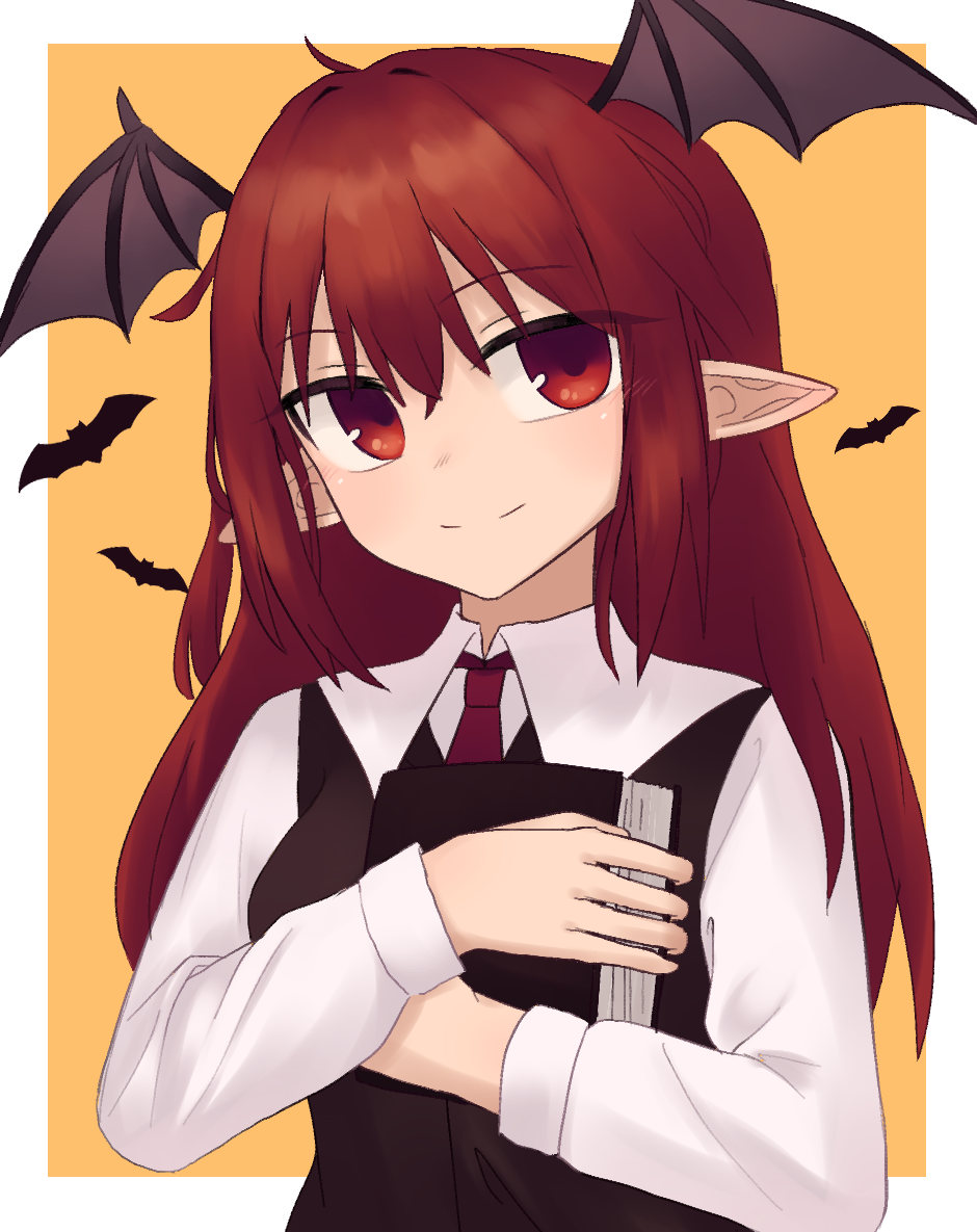 1girl bat_(animal) book breasts head_wings holding holding_book koakuma light_smile long_hair medium_breasts necktie orange_background pointy_ears red_eyes red_necktie redhead simple_background solo strangenovel touhou very_long_hair wings