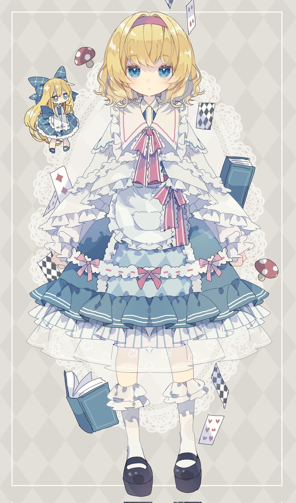 1girl alice_margatroid argyle argyle_background black_footwear blonde_hair blue_dress blue_eyes blush book capelet card closed_mouth doily dress frilled_dress frilled_sleeves frills full_body hairband highres long_sleeves looking_at_viewer mushroom nikorashi-ka red_hairband shanghai_doll shoes short_hair socks solo straight-on touhou white_capelet white_socks