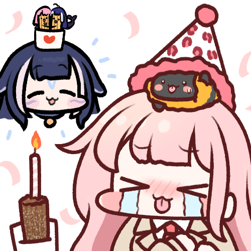 &gt;_&lt; 2girls bee birthday birthday_cake black_hair blush bug cake candle churro confetti corn corn_cob cup facial_tattoo food hat honey_churros indie_virtual_youtuber jazz_jack long_hair long_sleeves looking_at_viewer lowres mug multicolored_hair multiple_girls orca_girl party_hat pink_hair shylily smile streaked_hair tattoo tongue tongue_out virtual_youtuber whale_girl white_hair