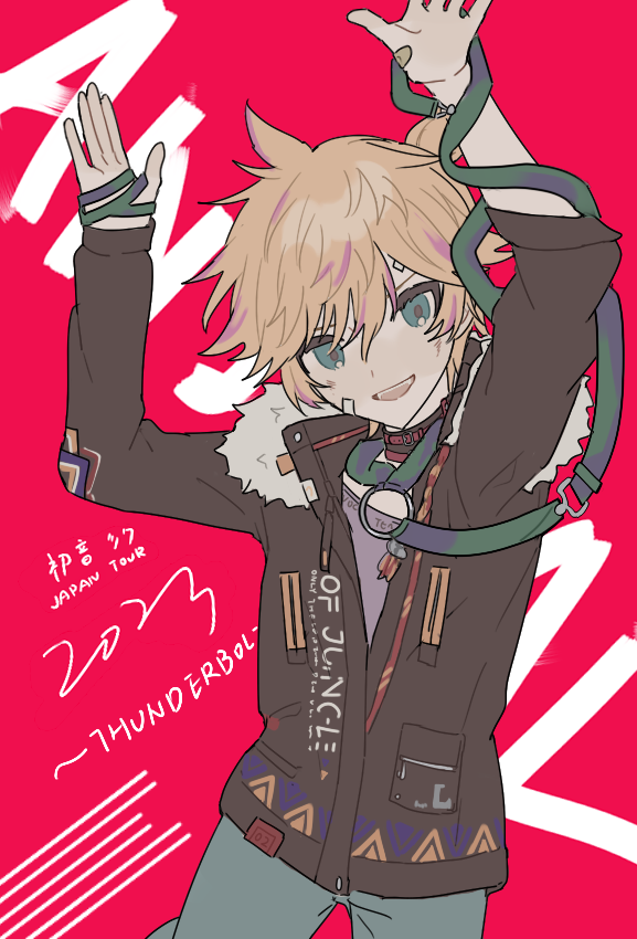 0211nami 1boy bandaid bandaid_on_face coat hands_up kagamine_len male_focus open_mouth red_background short_hair smile solo upper_body vocaloid winter_clothes winter_coat