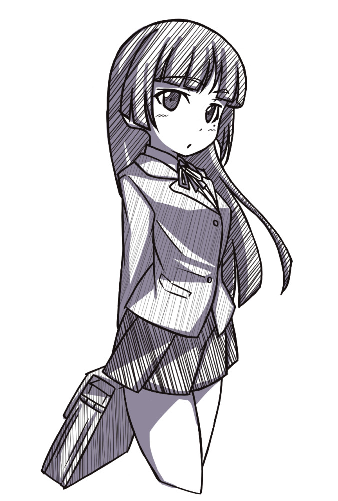 arms_behind_back bag blush from_side gokou_ruri greyscale hatching_(texture) hime_cut linear_hatching long_hair looking_at_viewer miniskirt mole mole_under_eye monochrome ore_no_imouto_ga_konna_ni_kawaii_wake_ga_nai school_bag school_uniform skirt tsukiguma white_background