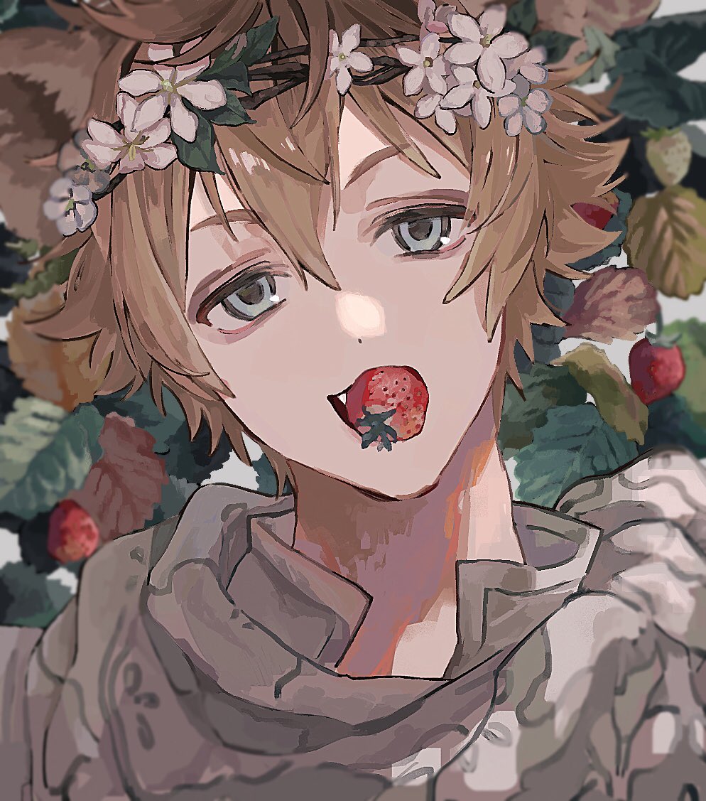 1boy bishounen blue_eyes food food_in_mouth fruit head_wreath jacket leaf llilililiilii looking_at_viewer male_focus portrait ruggie_bucchi solo strawberry twisted_wonderland white_jacket