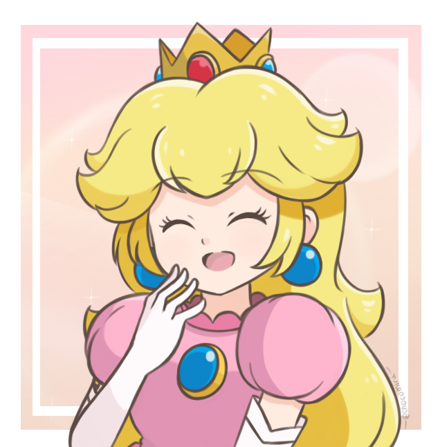 1girl artist_name blonde_hair border brooch chocomiru crown dress earrings gloves jewelry long_hair non-web_source pink_dress princess_peach simple_background source_request super_mario_bros. upper_body white_border white_gloves
