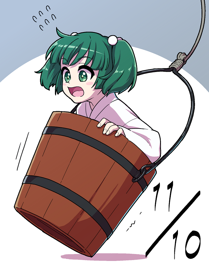 1girl bucket commentary_request dated flying_sweatdrops green_eyes green_hair hair_bobbles hair_ornament in_bucket in_container itani_illust japanese_clothes kimono kisume open_mouth solo touhou two_side_up white_kimono wooden_bucket