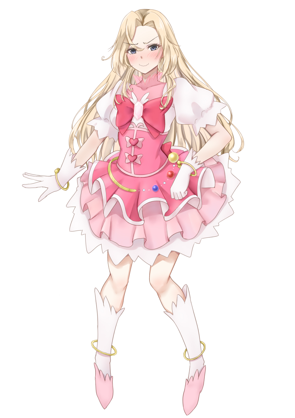 1girl blonde_hair cosplay cure_magical cure_magical_(cosplay) dress forehead frilled_dress frills full_body gloves grey_eyes highres hornet_(kancolle) kantai_collection koru_pera long_hair mahou_girls_precure! pink_dress precure simple_background solo standing white_background white_gloves