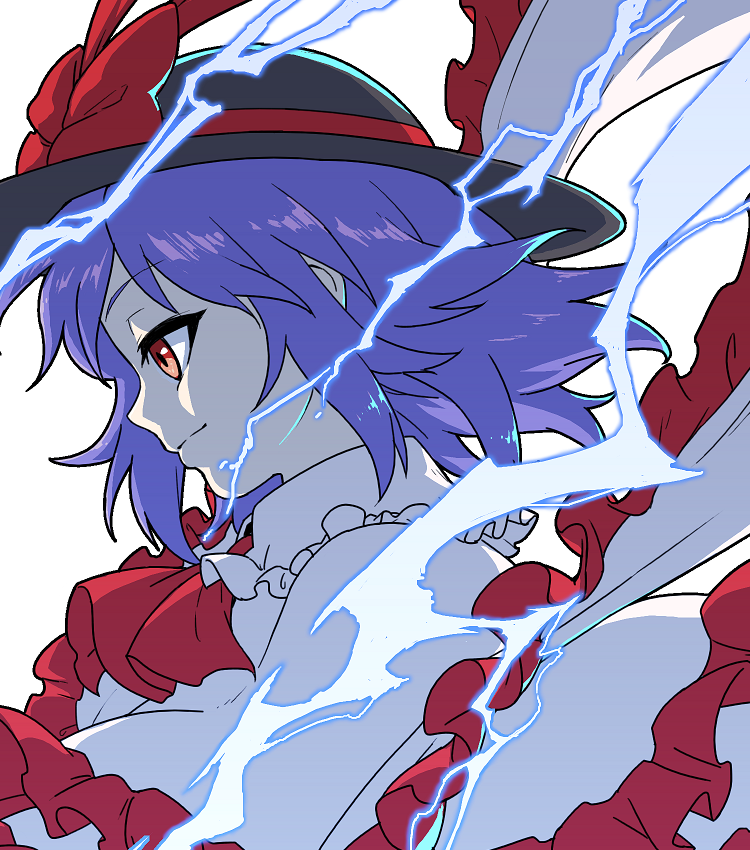 1girl ascot black_headwear bow closed_mouth commentary_request frilled_shawl frills from_side hat hat_bow itani_illust nagae_iku purple_hair red_ascot red_bow red_eyes shawl short_hair simple_background solo touhou upper_body white_background