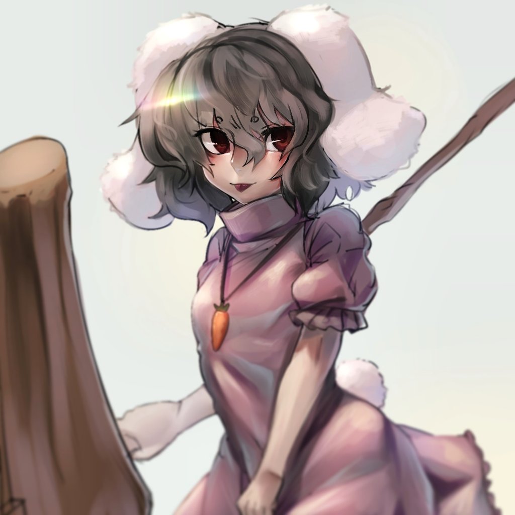 1girl :p animal_ears black_hair blurry breasts carrot_necklace commentary_request depth_of_field dress floppy_ears grey_background hair_between_eyes holding holding_mallet inaba_tewi jewelry kine looking_at_viewer mallet medium_hair necklace nio_(meple_nio) nostrils pink_dress puffy_short_sleeves puffy_sleeves rabbit_ears rabbit_tail red_eyes short_sleeves simple_background small_breasts soft_focus solo tail tongue tongue_out touhou