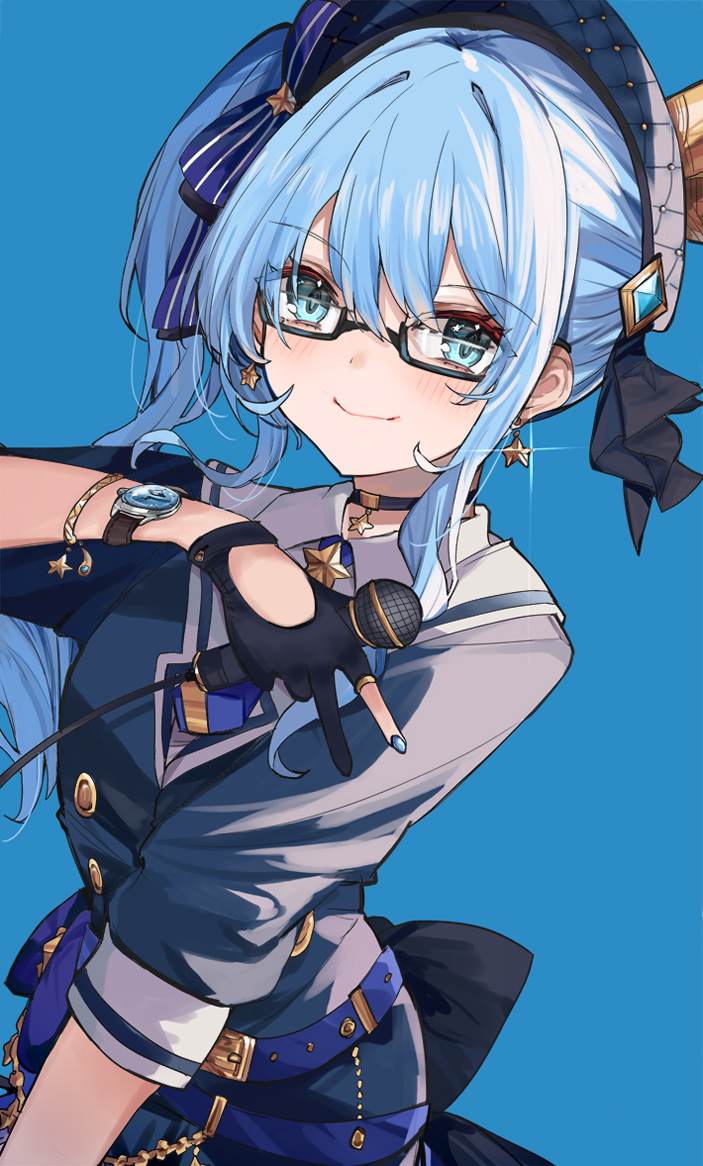 1girl appleseed_(appleseed_art) ascot belt beret black_gloves blue_ascot blue_background blue_belt blue_eyes blue_hair blue_nails bracelet closed_mouth crown earrings glasses gloves hat holding holding_microphone hololive hoshimachi_suisei jewelry microphone mini_crown partially_fingerless_gloves side_ponytail simple_background smile solo star_(symbol) star_earrings v virtual_youtuber watch watch
