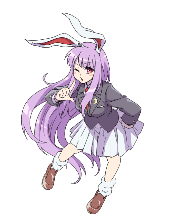 1girl ;o animal_ears black_jacket blazer brown_footwear commentary crescent crescent_pin index_finger_raised itani_illust jacket long_hair long_sleeves looking_at_viewer one_eye_closed pleated_skirt purple_hair rabbit_ears rabbit_girl red_eyes reisen_udongein_inaba simple_background skirt socks solo touhou very_long_hair white_background white_skirt white_socks