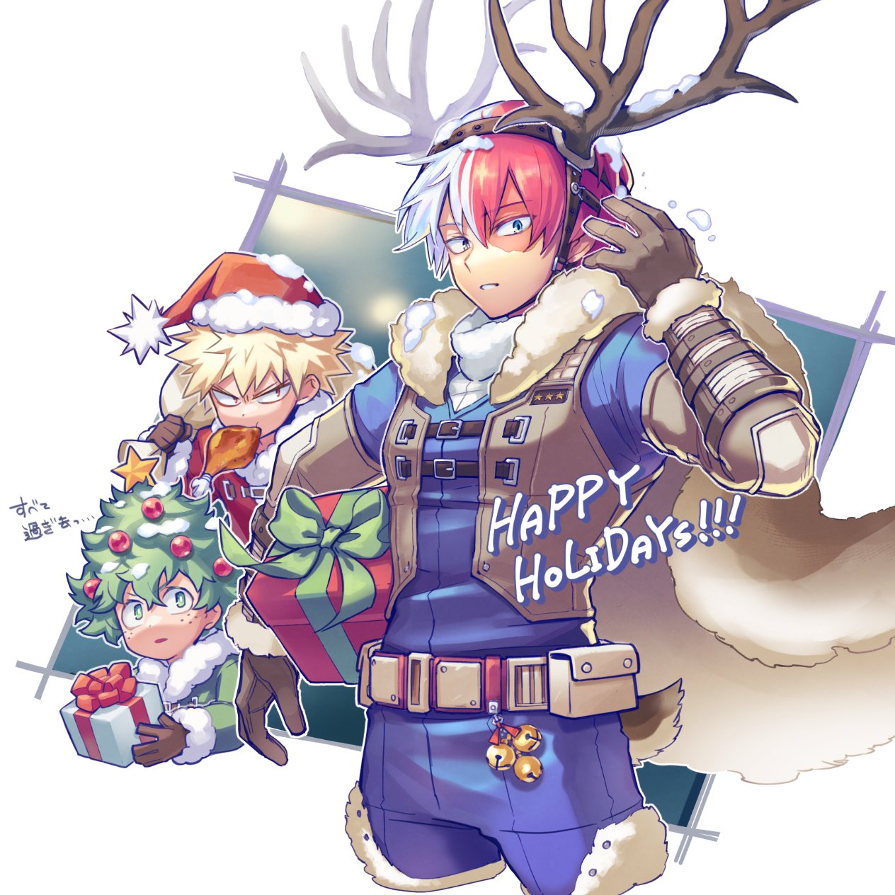 3boys antlers bakugou_katsuki bell belt belt_buckle belt_pouch blonde_hair blue_eyes blue_jacket blue_pants boku_no_hero_academia box brown_belt brown_gloves buckle burn_scar cape christmas_ornaments commentary_request cropped_legs deer_tail fake_antlers food freckles fur-trimmed_gloves fur-trimmed_headwear fur-trimmed_jacket fur_cape fur_trim gift gift_box gloves green_eyes green_hair grey_eyes hair_between_eyes hand_up happy_holidays hat heterochromia highres holding holding_gift holding_sack jacket jingle_bell long_sleeves male_focus meat mecyo_(mamezurushiki) midoriya_izuku mouth_hold multicolored_hair multiple_boys open_mouth pants parted_lips pouch red_eyes red_headwear red_jacket redhead reindeer_antlers sack santa_hat scar scar_on_face short_hair simple_background snow snow_on_head spiky_hair split-color_hair star_(symbol) sweater tail todoroki_shouto translation_request turtleneck turtleneck_sweater two-tone_hair v-shaped_eyebrows white_background white_belt white_cape white_hair white_sweater