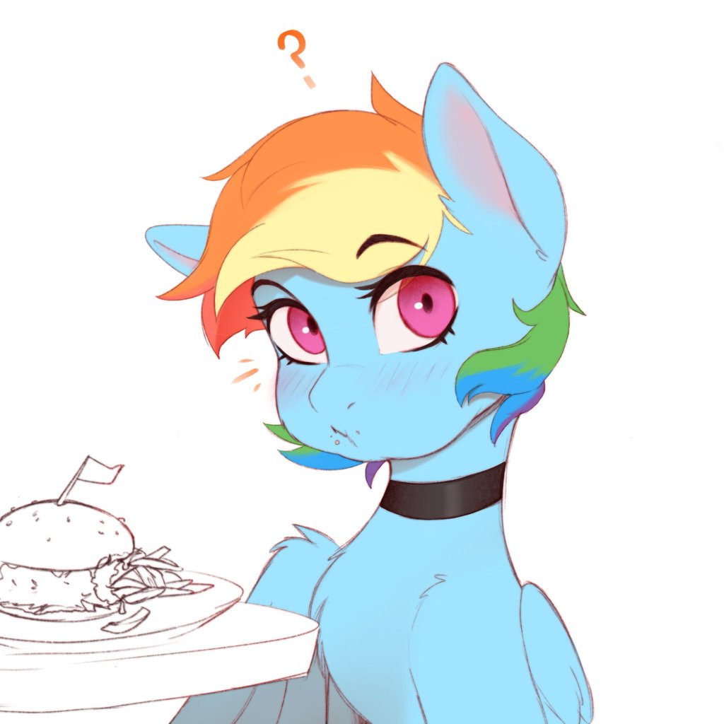 ? black_choker blush burger choker food horse looking_at_viewer multicolored_hair my_little_pony my_little_pony:_friendship_is_magic notice_lines pink_eyes plate pudgeruffian rainbow_dash rainbow_hair table upper_body wings