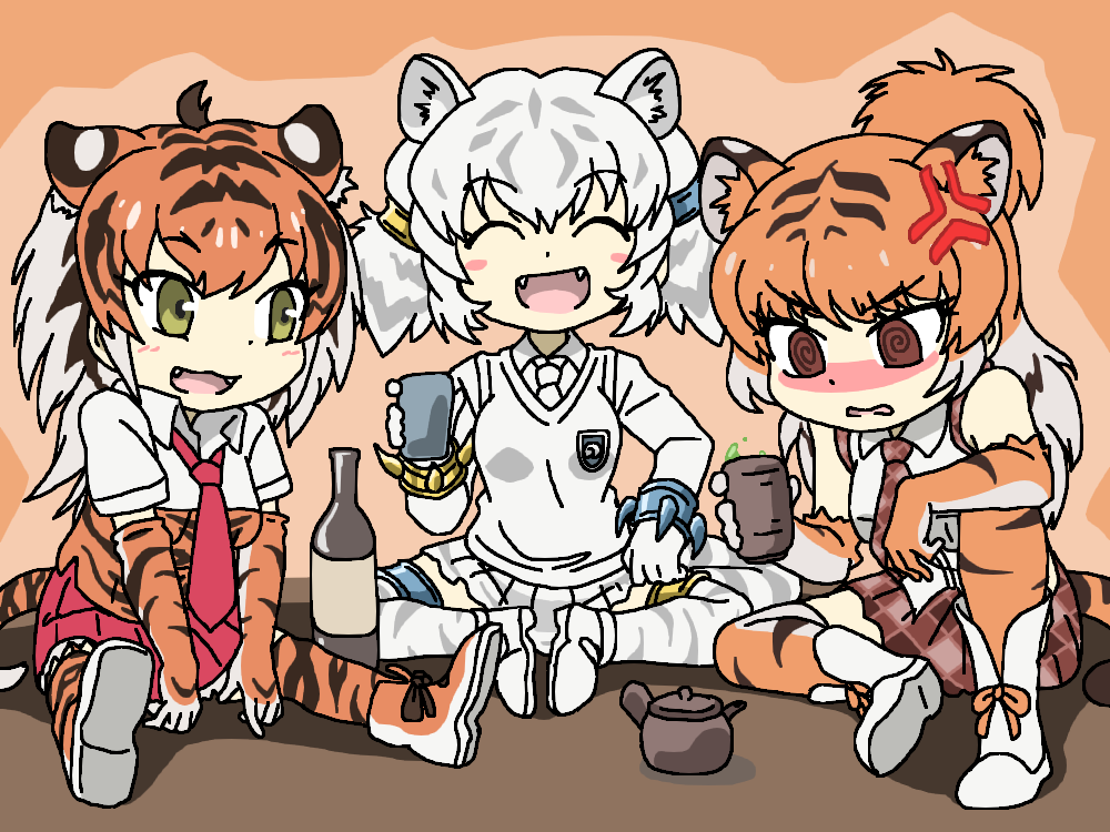 3girls @_@ ^_^ anger_vein animal_ear_fluff animal_ears animal_print bare_shoulders black_hair blush boots bottle bracelet brown_eyes butterfly_sitting byakko_(kemono_friends) chibi closed_eyes collared_shirt colored_inner_hair cup drunk elbow_gloves extra_ears fang gloves green_eyes grey_hair hair_bun hand_up holding holding_cup jewelry kemono_friends knee_up long_hair long_sleeves looking_at_another looking_down medium_hair miniskirt multicolored_hair multiple_girls necktie nose_blush open_mouth orange_hair outstretched_legs parted_lips plaid plaid_necktie plaid_skirt print_gloves print_skirt print_thighhighs shirt shoes short_sleeves short_twintails single_hair_bun sitting skirt sleeveless sleeveless_shirt smile south_china_tiger_(kemono_friends) spread_legs srd_(srdsrd01) sumatran_tiger_(kemono_friends) sweater_vest tail thigh-highs thighlet tiger_ears tiger_girl tiger_print tiger_tail twintails v-shaped_eyebrows white_hair wing_collar zettai_ryouiki