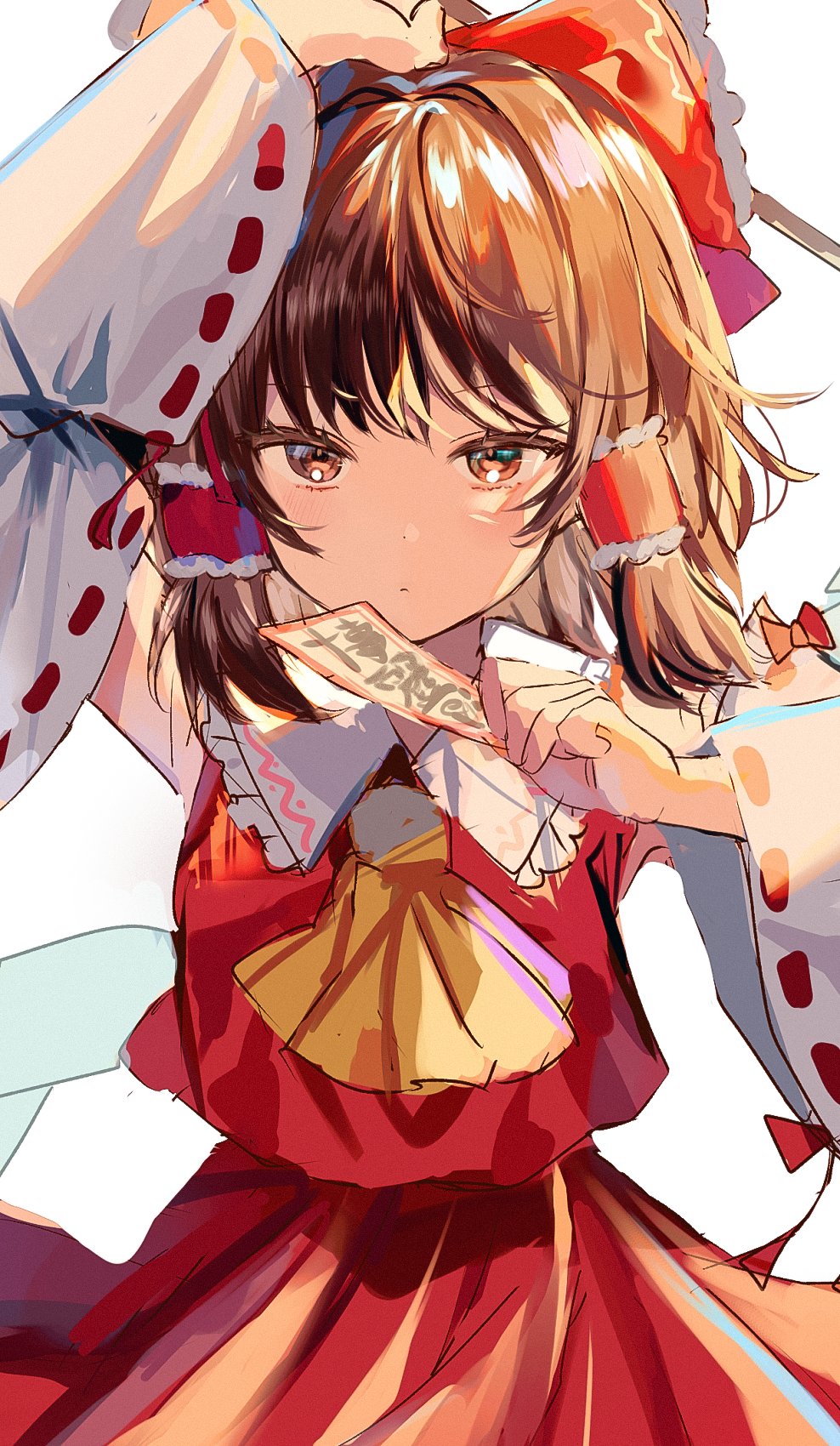 1girl arm_up ascot bow brown_eyes brown_hair closed_mouth commentary cropped_shirt detached_sleeves hair_bow hair_tubes hakurei_reimu highres holding holding_paper inudogsaikou long_sleeves looking_at_viewer ofuda paper red_bow red_shirt red_skirt ribbon-trimmed_sleeves ribbon_trim shirt sidelocks simple_background skirt solo touhou white_background white_sleeves wide_sleeves yellow_ascot