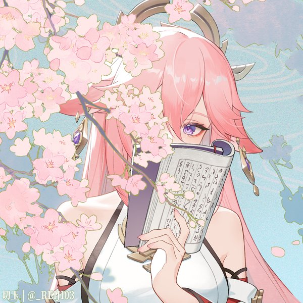 1girl animal_ears blue_background book cherry_blossoms clothing_request dress earrings fox_ears fox_girl genshin_impact holding holding_book japanese_clothes jewelry nontraditional_miko pink_hair red_eyeliner rj_(lingshih10) solo violet_eyes white_dress yae_miko