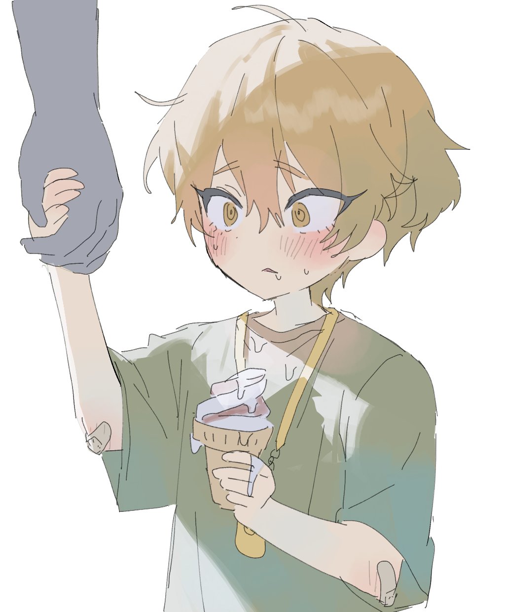 1boy 1other aged_down bandaid bandaid_on_arm blush devy_lobotomy green_shirt hair_between_eyes highres holding_ice_cream ice_cream_cone limbus_company melting parted_lips project_moon shirt short_sleeves sinclair_(limbus_company) sweat upper_body white_background